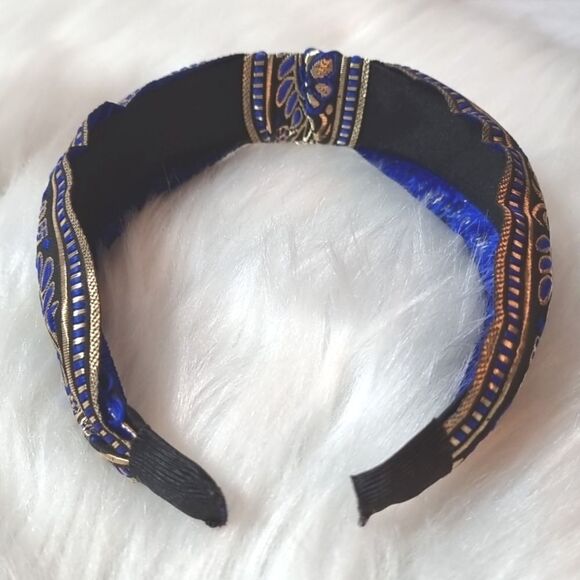 JEWELTONE JACQUARD SATIN FABRIC top knot royal blue gold black headband - Picture 6 of 9